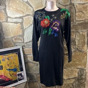 Mister Noah Black Sequin Floral Sweater Dress (Vintage)